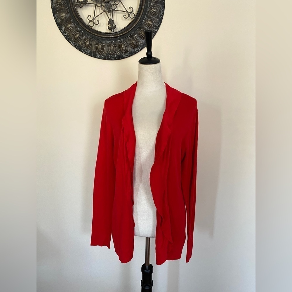 Anne Klein Subtle Ruffle Edge Open Cardigan Sweater